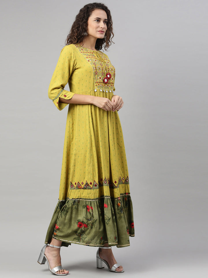 Neerus Green viscose rayon embellished anarkali kurta - front view