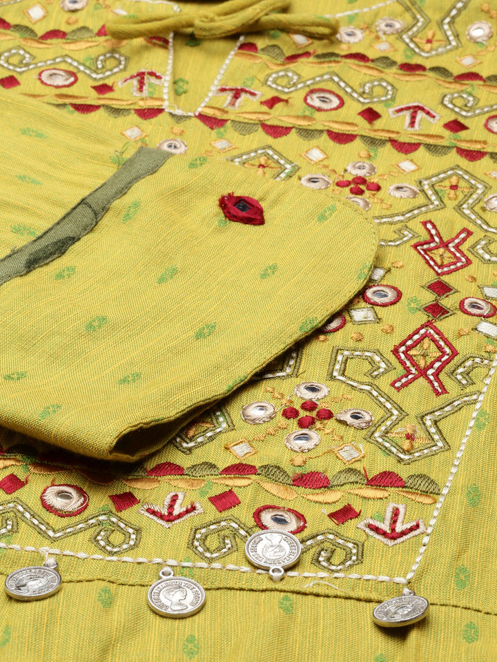 Neerus Green viscose rayon embellished anarkali kurta - detail view 3