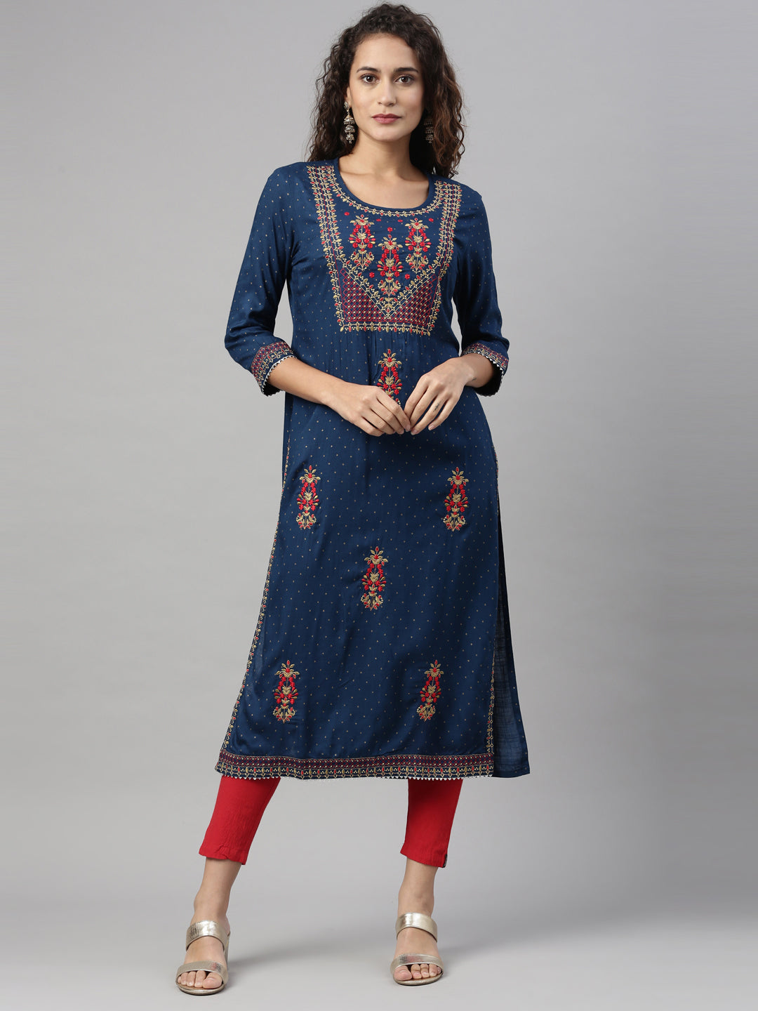 Neerus Blue rayon embroidered straight kurti - detail view 4