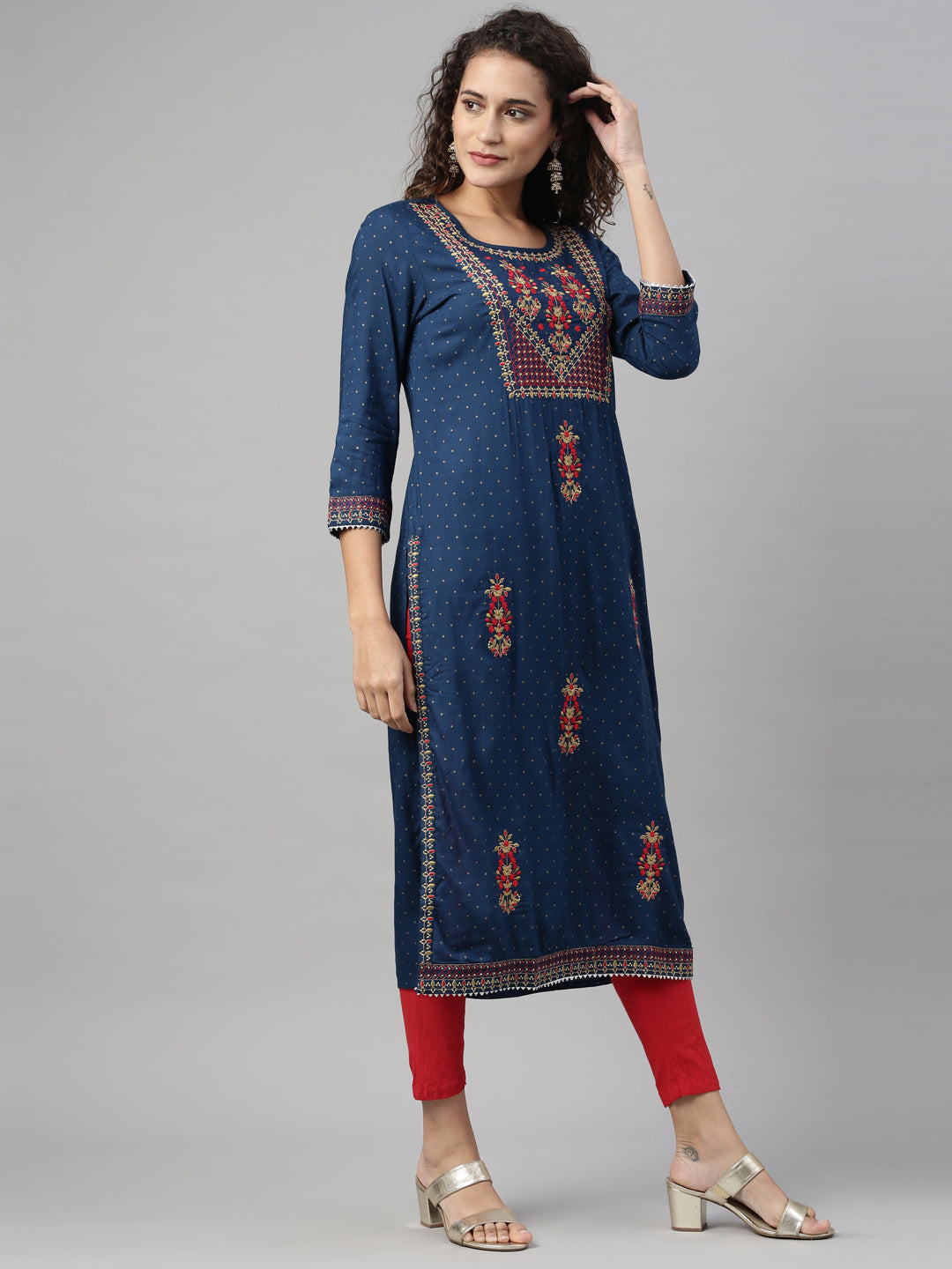 Neerus Blue rayon embroidered straight kurti - front view