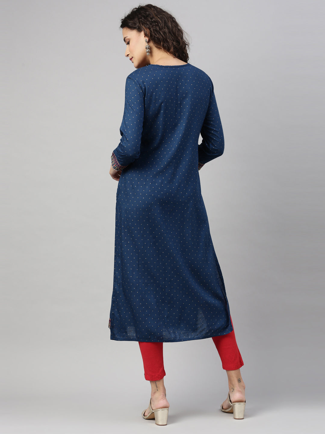 Neerus Blue rayon embroidered straight kurti - back view