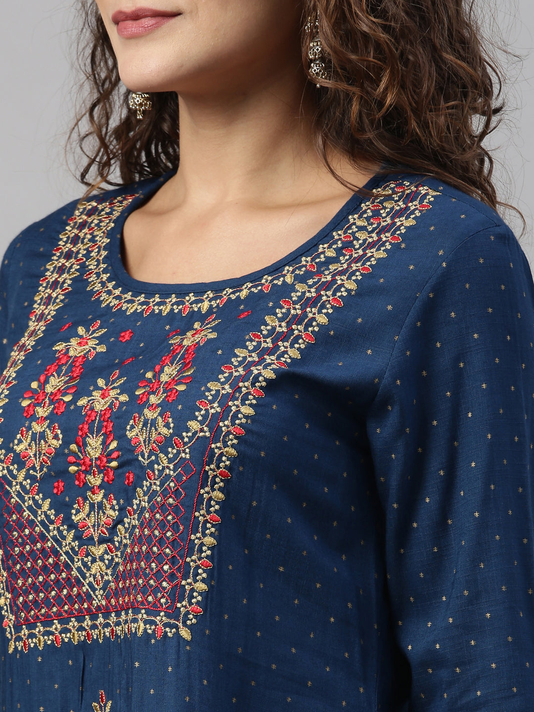 Neerus Blue rayon embroidered straight kurti - side view