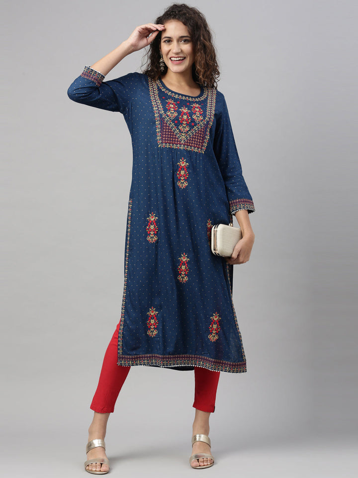 Neerus Blue rayon embroidered straight kurti - detail view 1