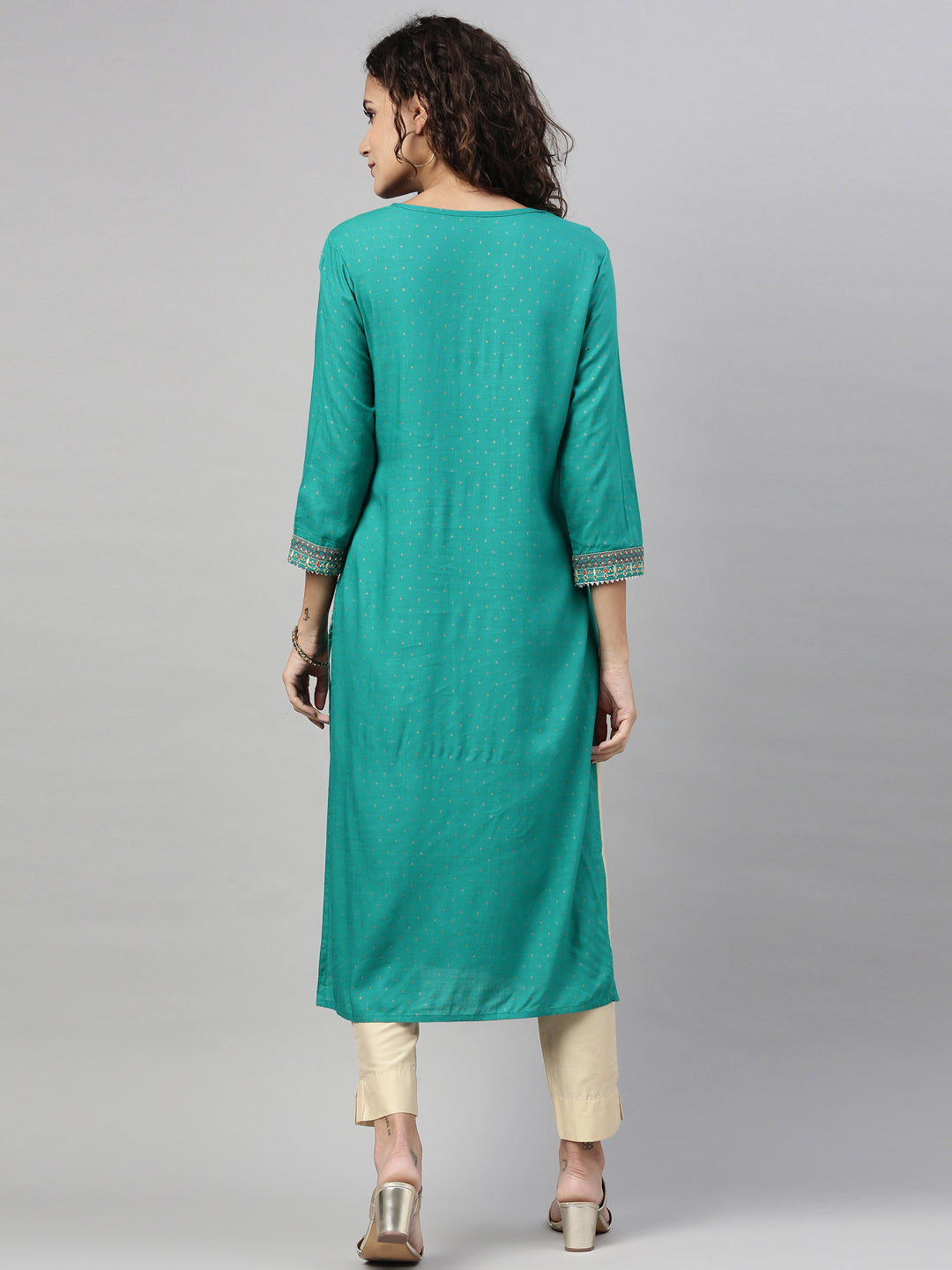 Neerus Green rayon embroidered kurti - side view