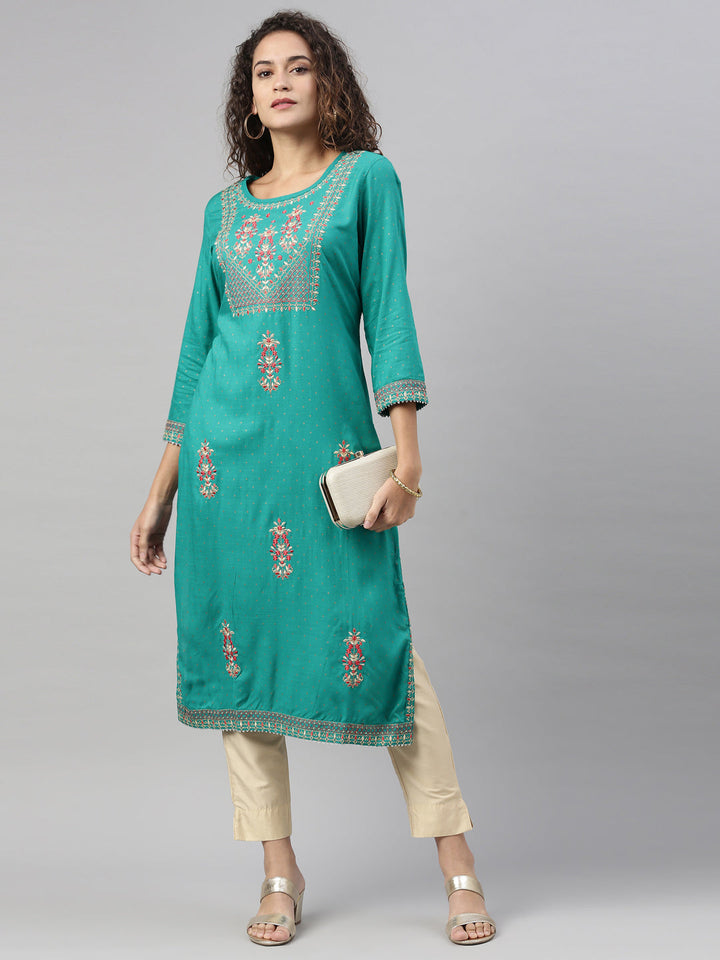 Neerus Green rayon embroidered kurti - detail view 2