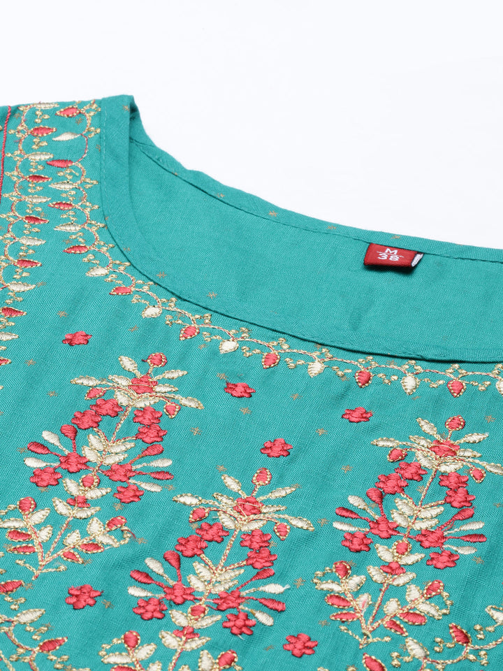 Neerus Green rayon embroidered kurti - detail view 3