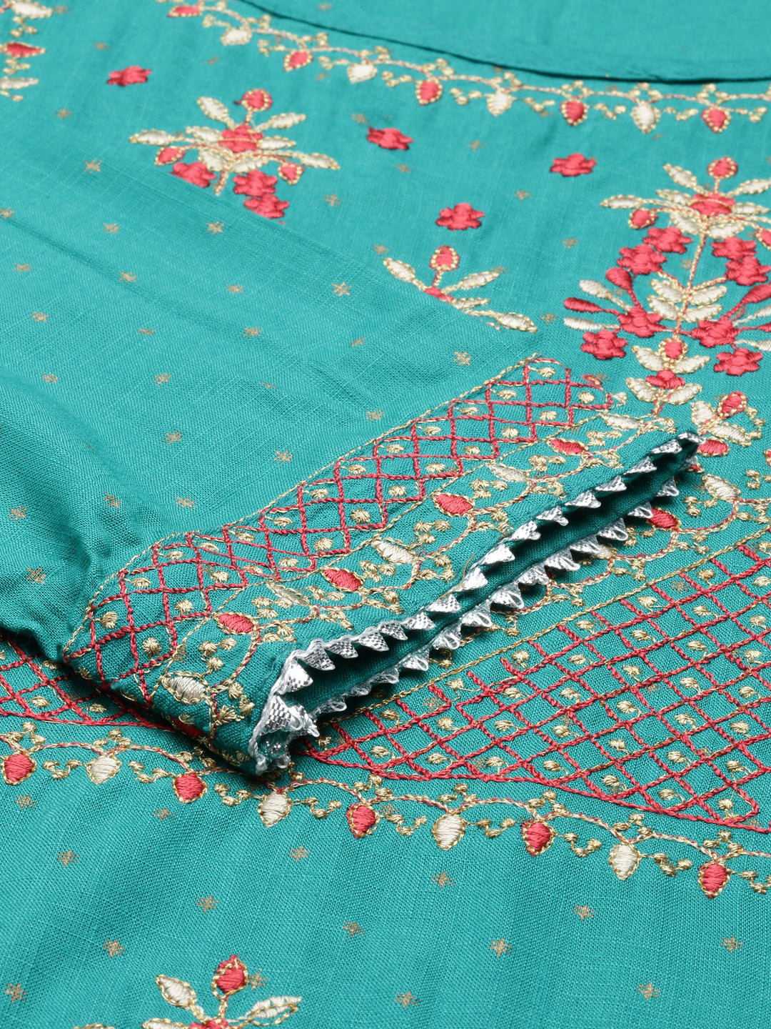 Neerus Green rayon embroidered kurti - detail view 4