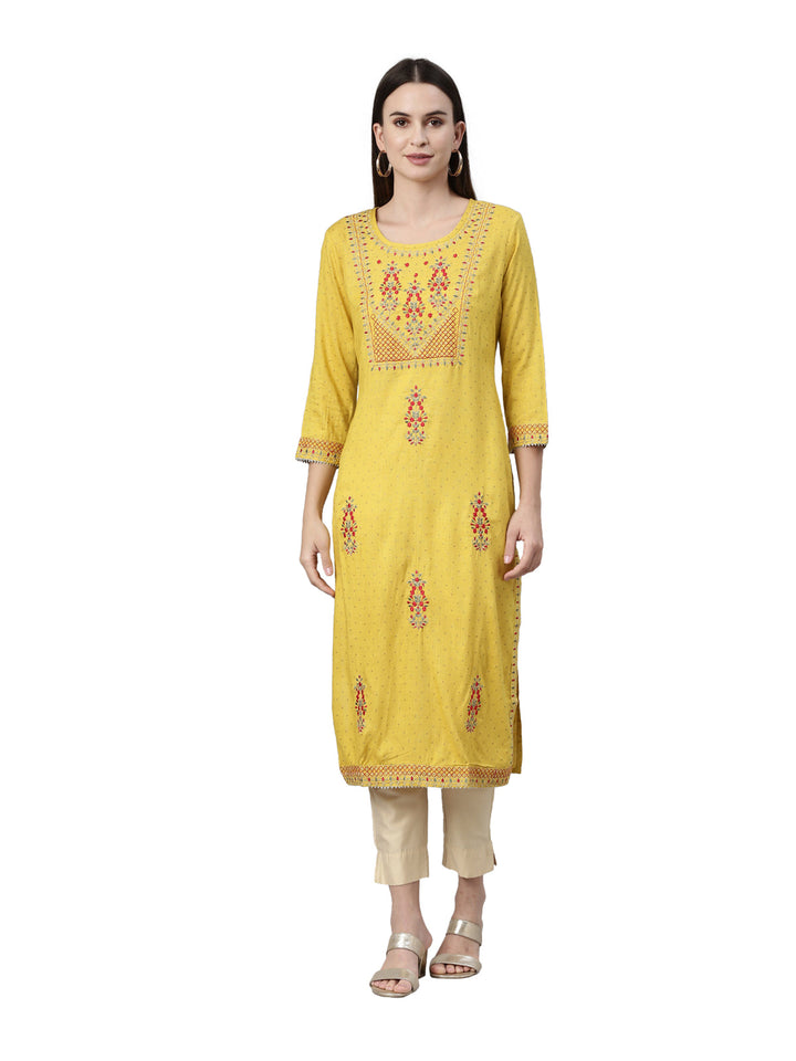 Neerus Yellow viscose rayon straight kurti - front view