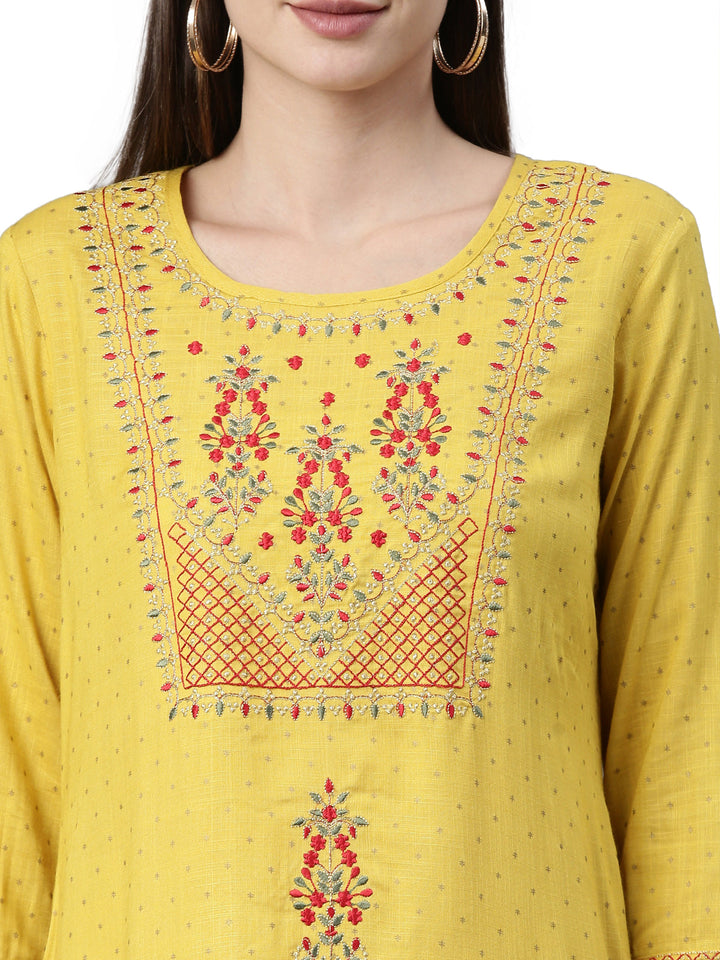Neerus Yellow viscose rayon straight kurti - back view