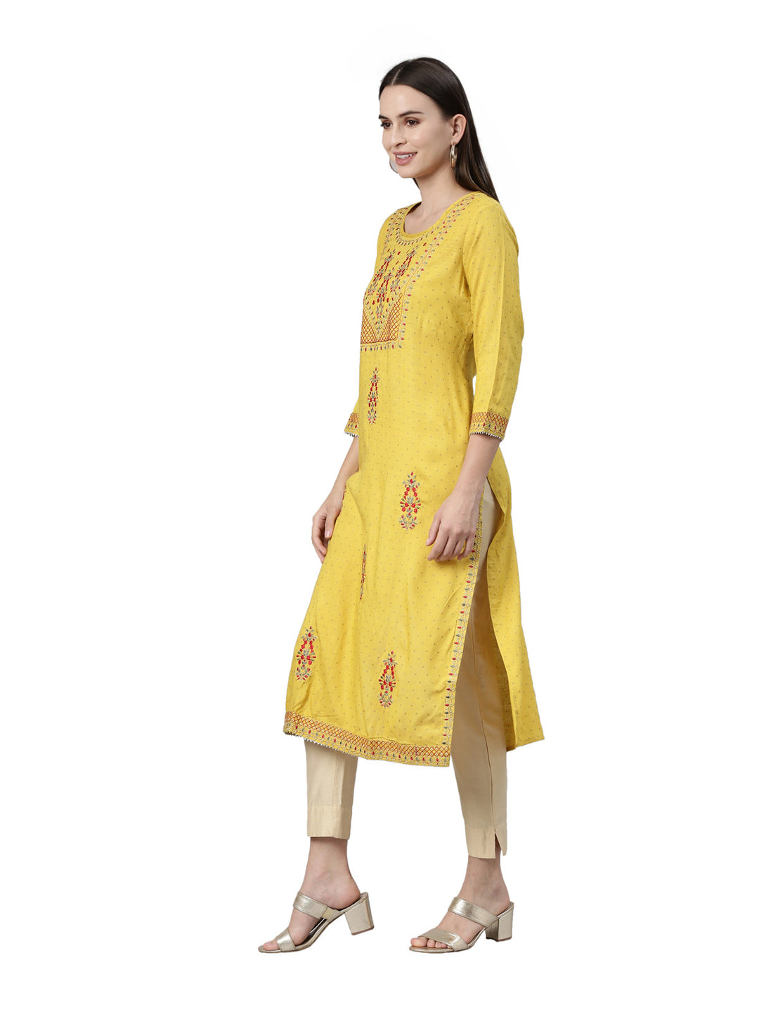 Neerus Yellow viscose rayon straight kurti - side view