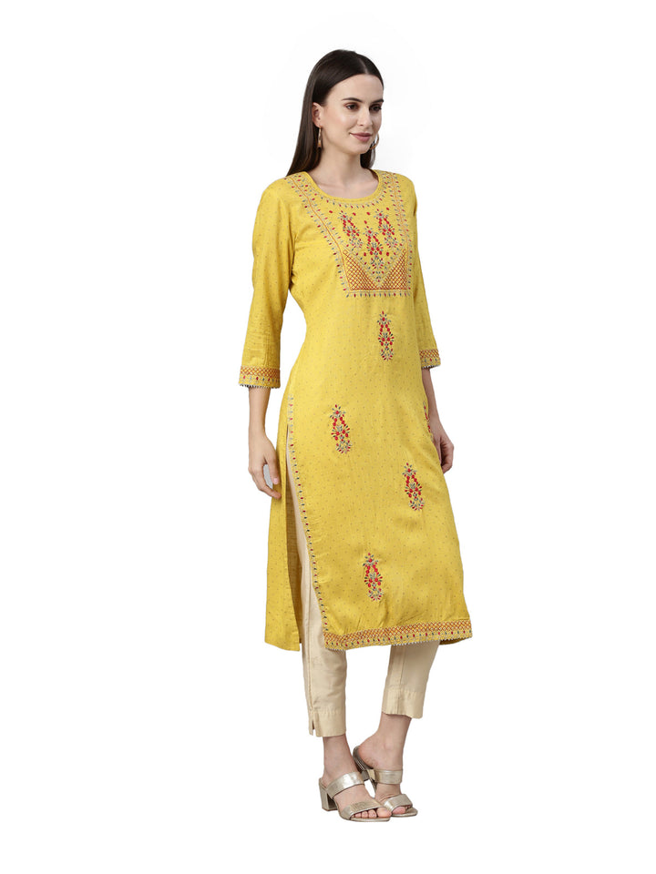 Neerus Yellow viscose rayon straight kurti - detail view 1