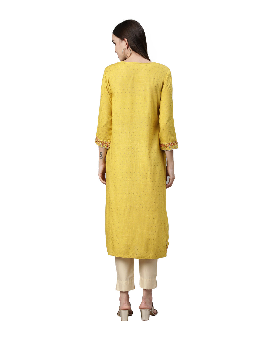 Neerus Yellow viscose rayon straight kurti - detail view 2