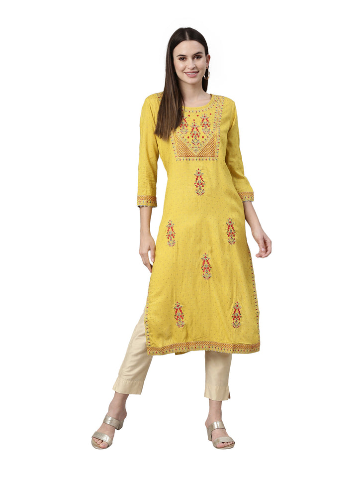 Neerus Yellow viscose rayon straight kurti - detail view 3