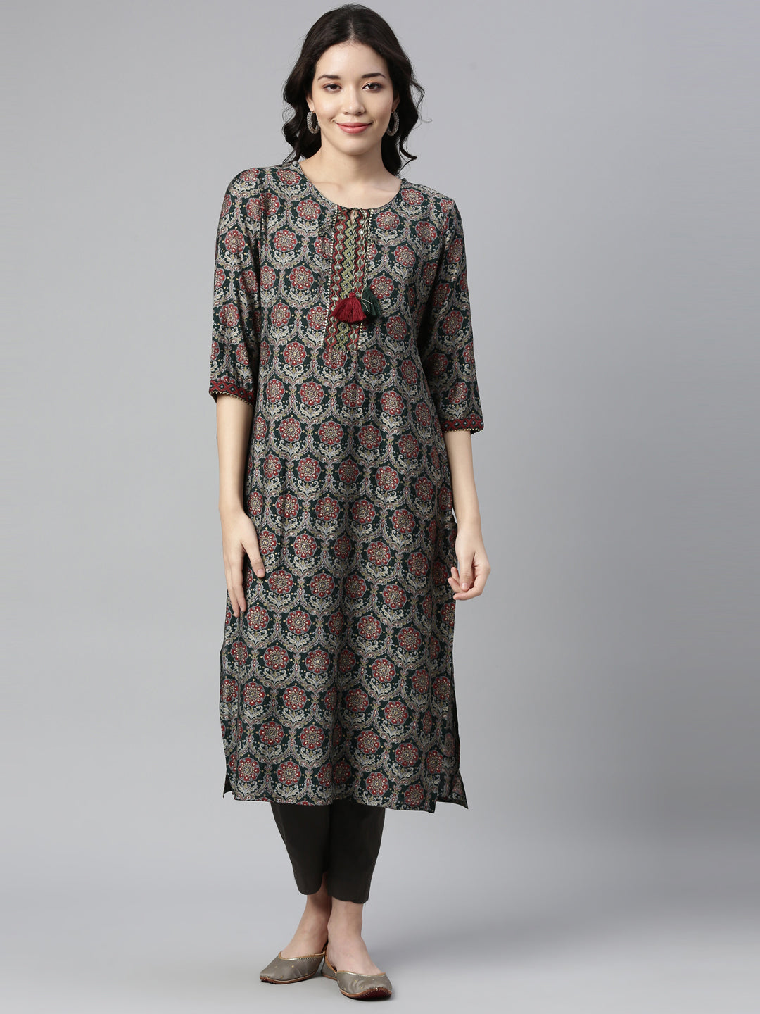 Neerus Green Rayon Mirror Work Kurti - detail view 4