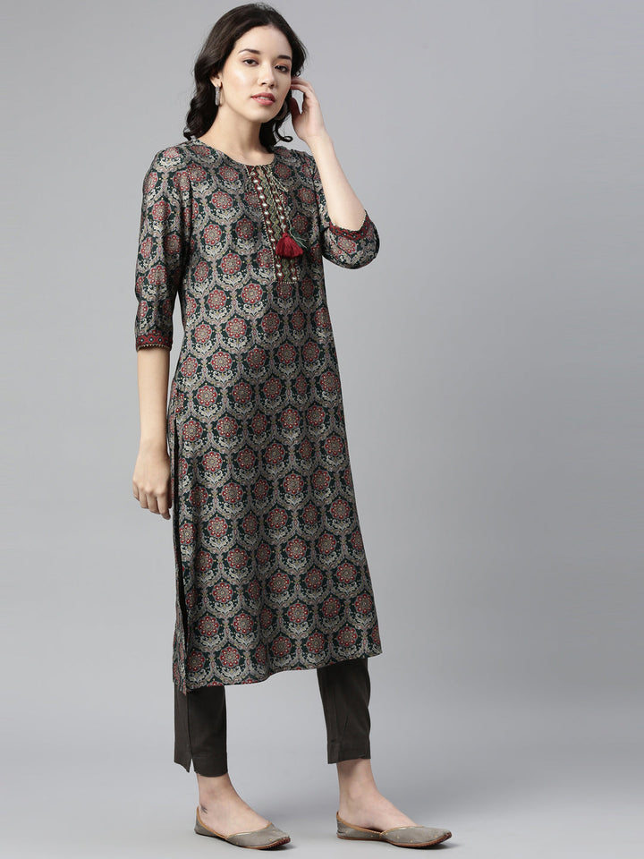 Neerus Green Rayon Mirror Work Kurti - front view