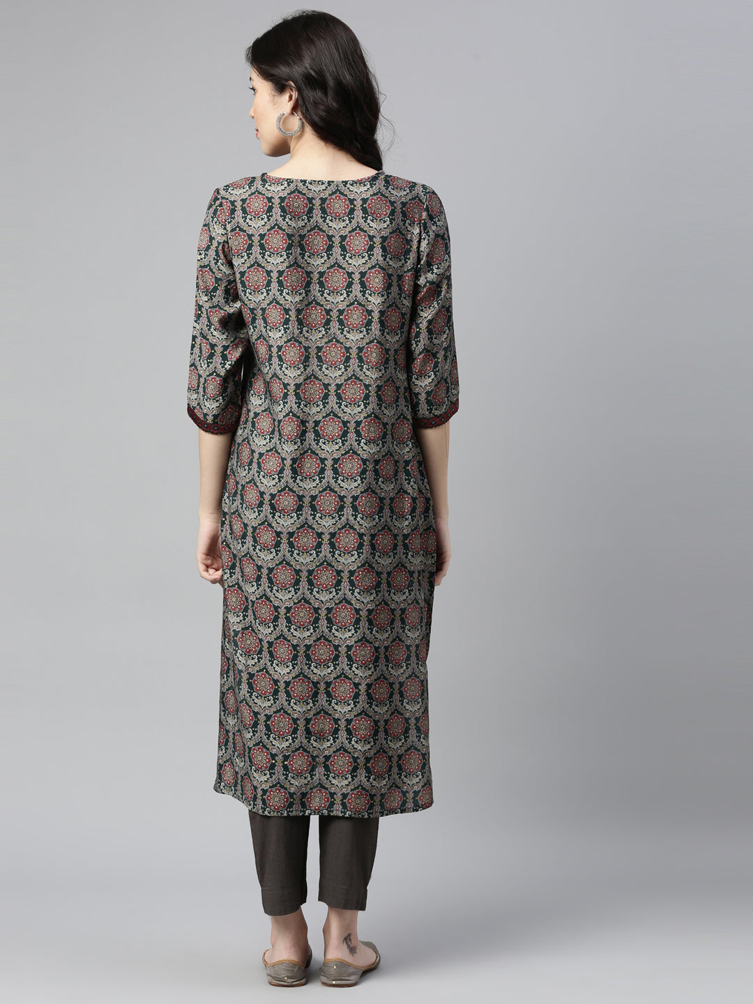 Neerus Green Rayon Mirror Work Kurti - back view