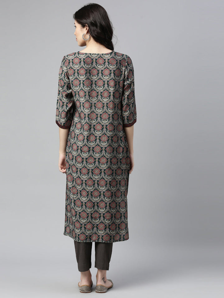 Neerus Green Rayon Mirror Work Kurti - back view