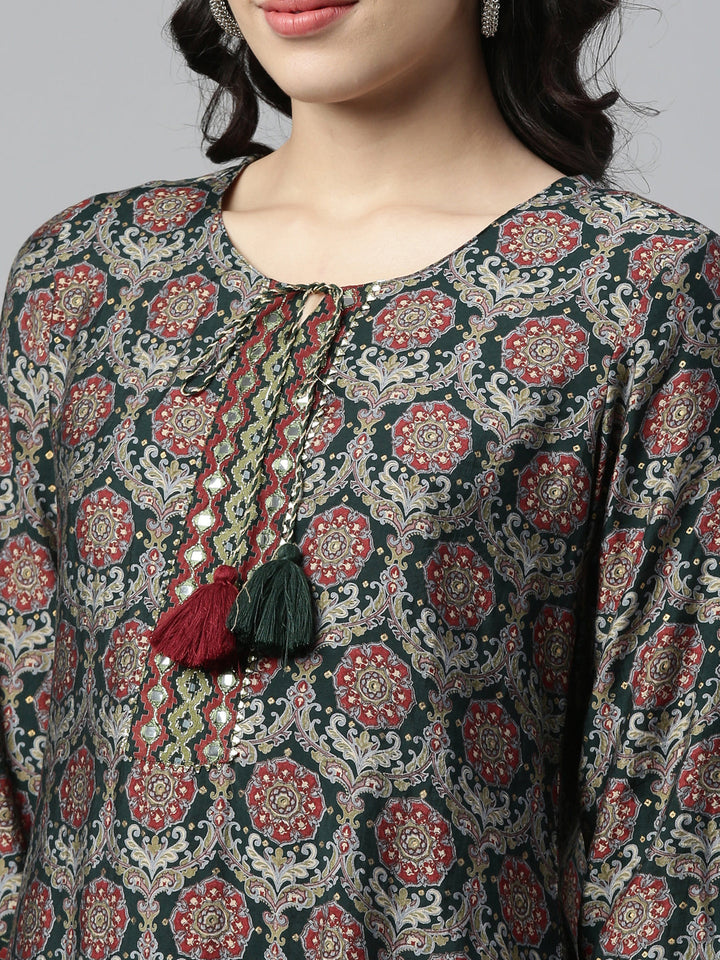 Neerus Green Rayon Mirror Work Kurti - side view