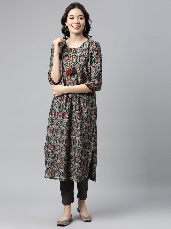 Neerus Green Rayon Mirror Work Kurti - detail view 1
