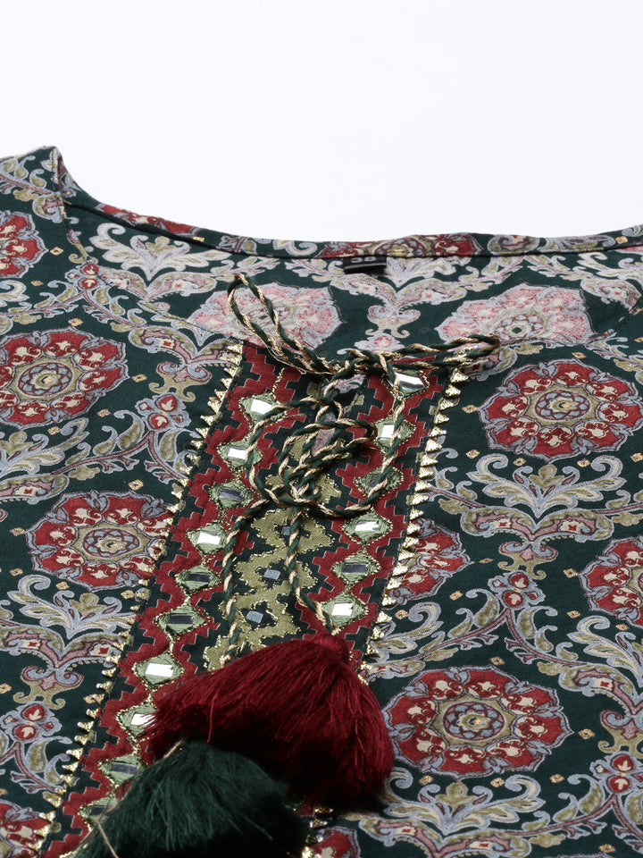 Neerus Green Rayon Mirror Work Kurti - detail view 2