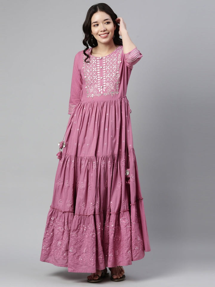 Neerus Purple cotton thread embroidered anarkali kurti - detail view 4