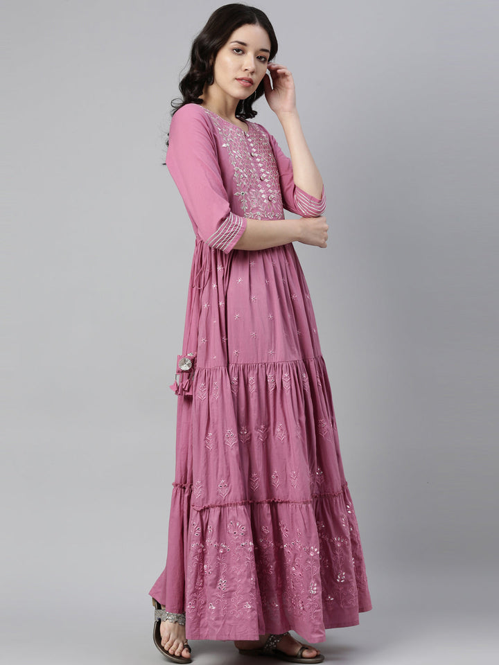 Neerus Purple cotton thread embroidered anarkali kurti - front view