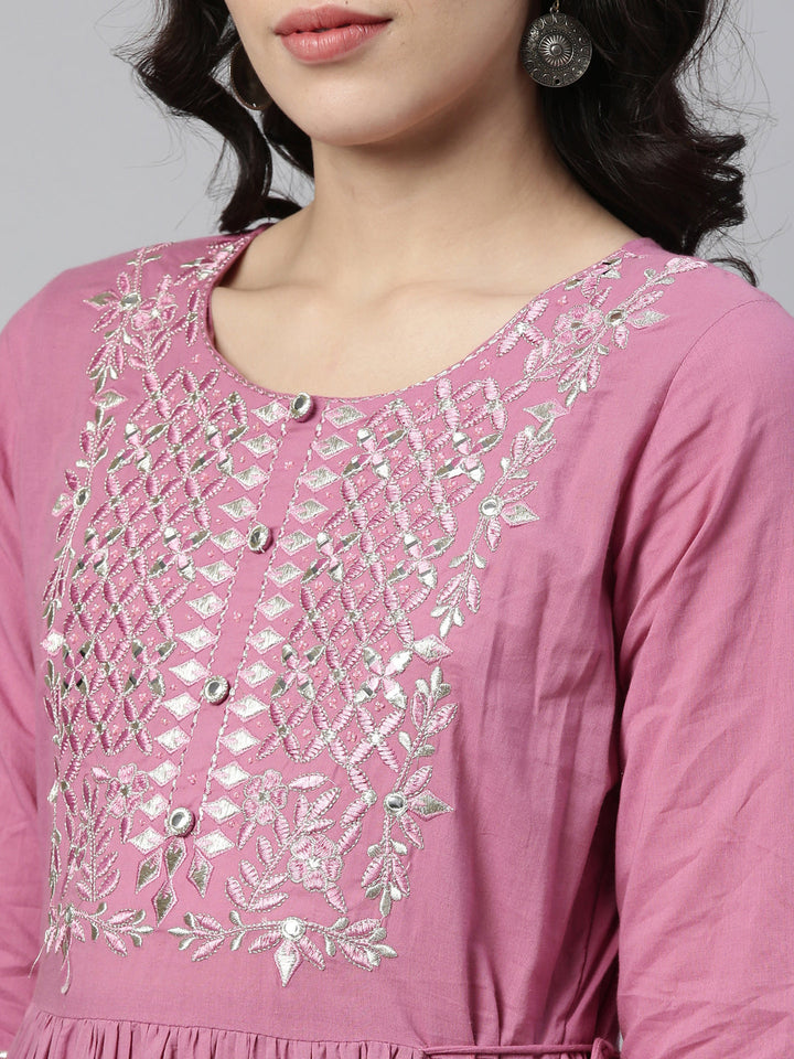 Neerus Purple cotton thread embroidered anarkali kurti - side view