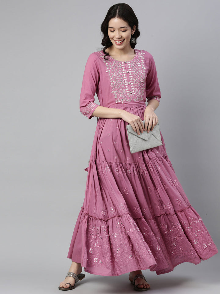 Neerus Purple cotton thread embroidered anarkali kurti - detail view 1