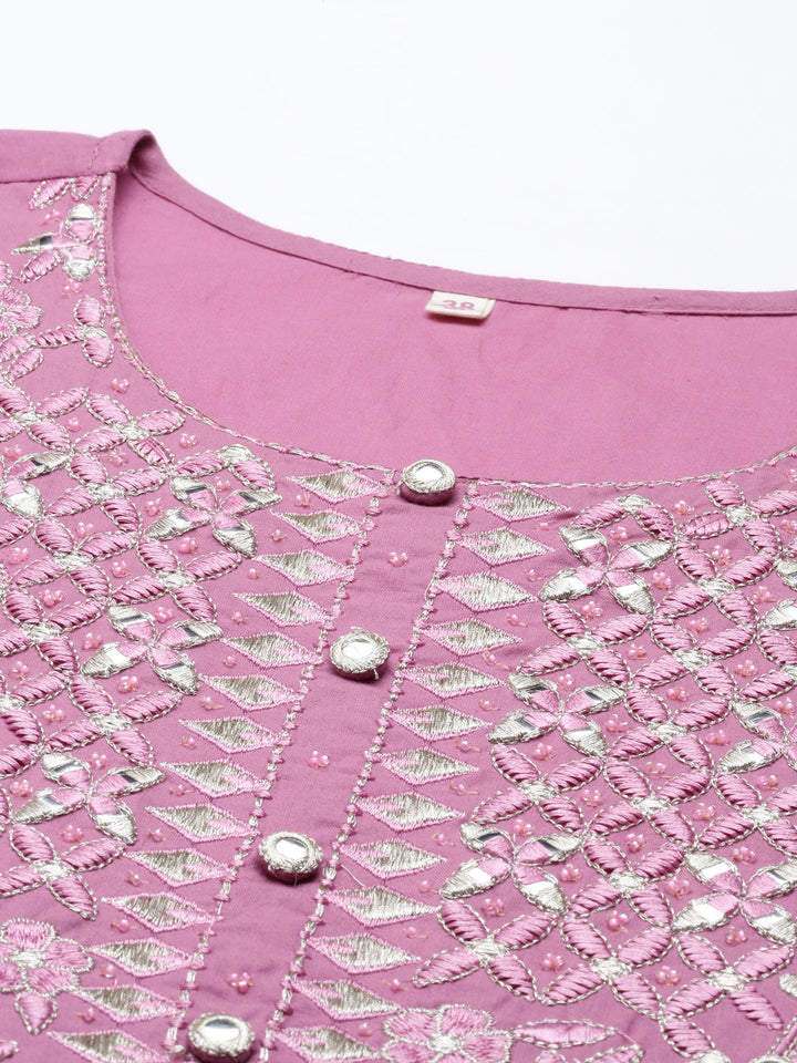 Neerus Purple cotton thread embroidered anarkali kurti - detail view 2