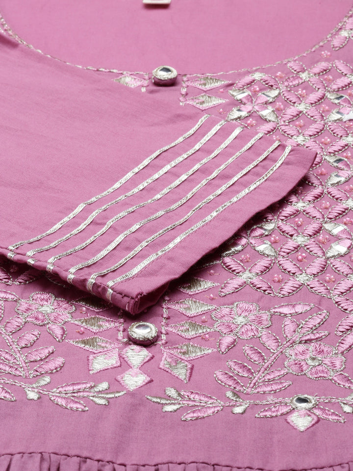 Neerus Purple cotton thread embroidered anarkali kurti - detail view 3