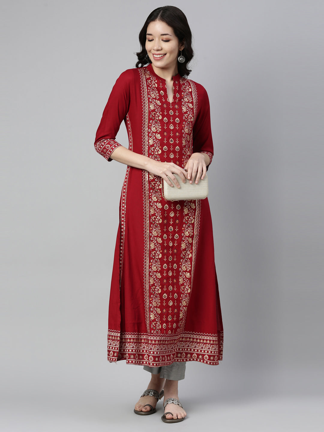 Neerus Red rayon printed kurta straight silhouette - detail view 2