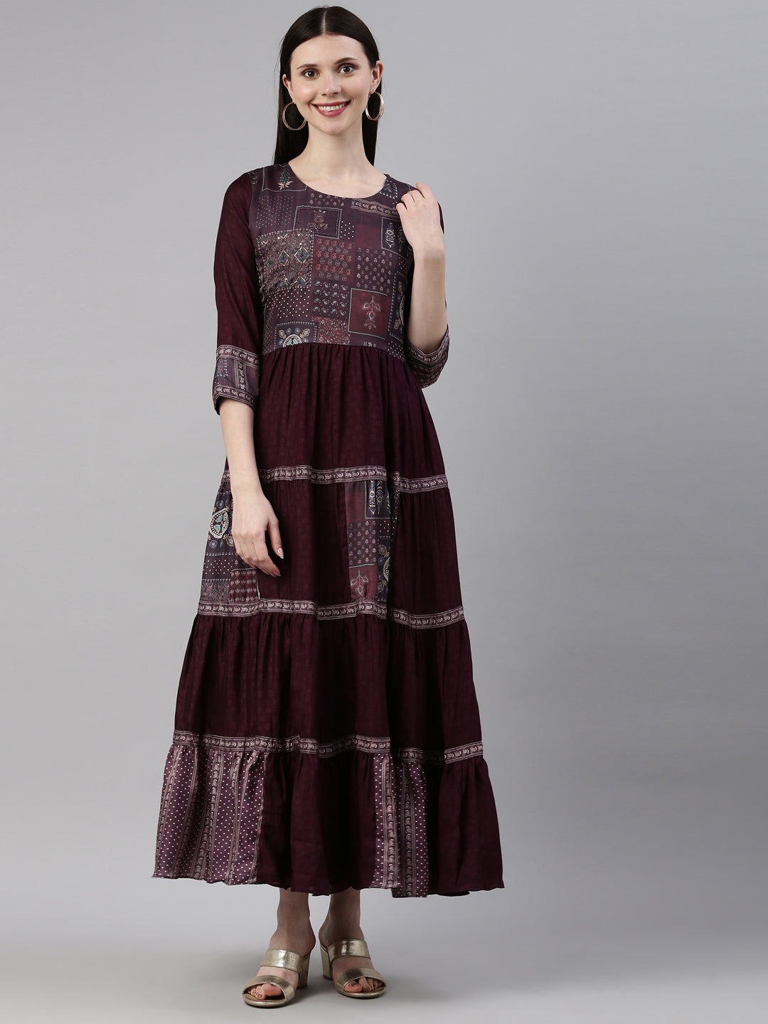 Neerus Purple silk gown maxi silhouette - front view