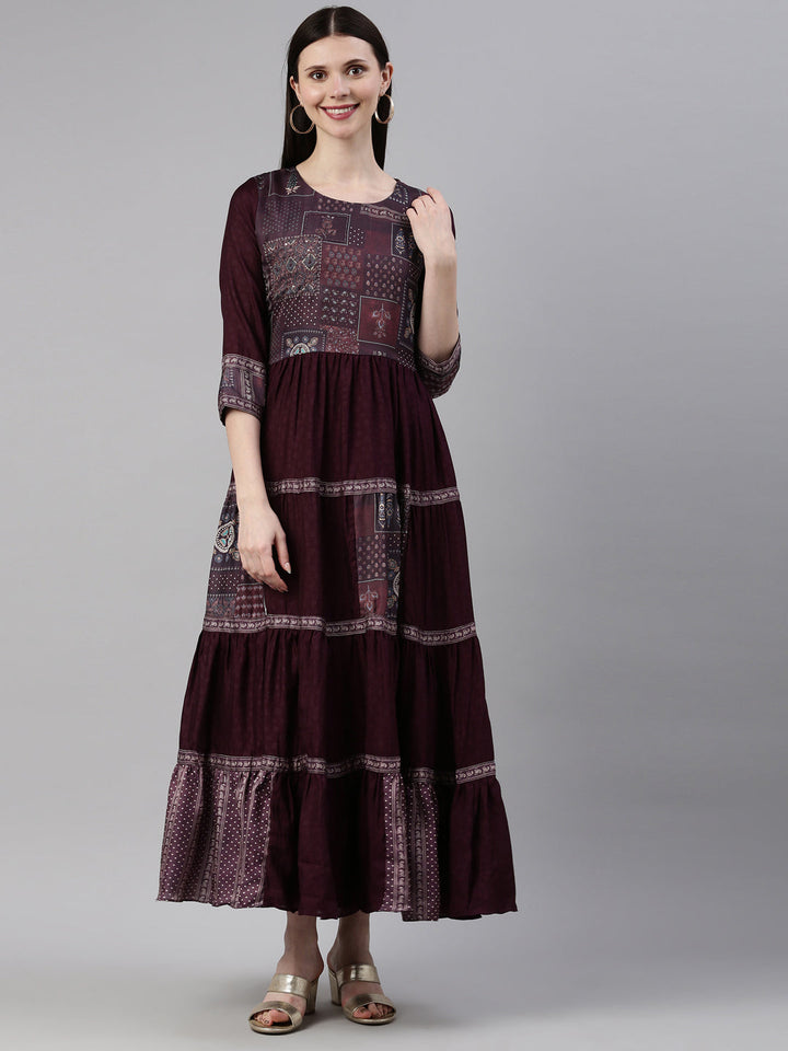 Neerus Purple silk gown maxi silhouette - front view