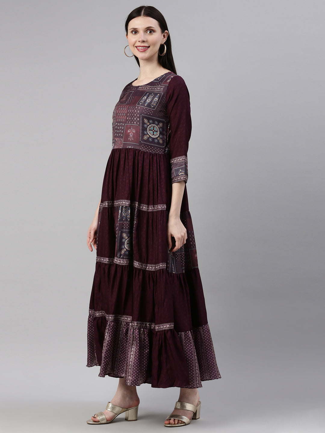 Neerus Purple silk gown maxi silhouette - side view