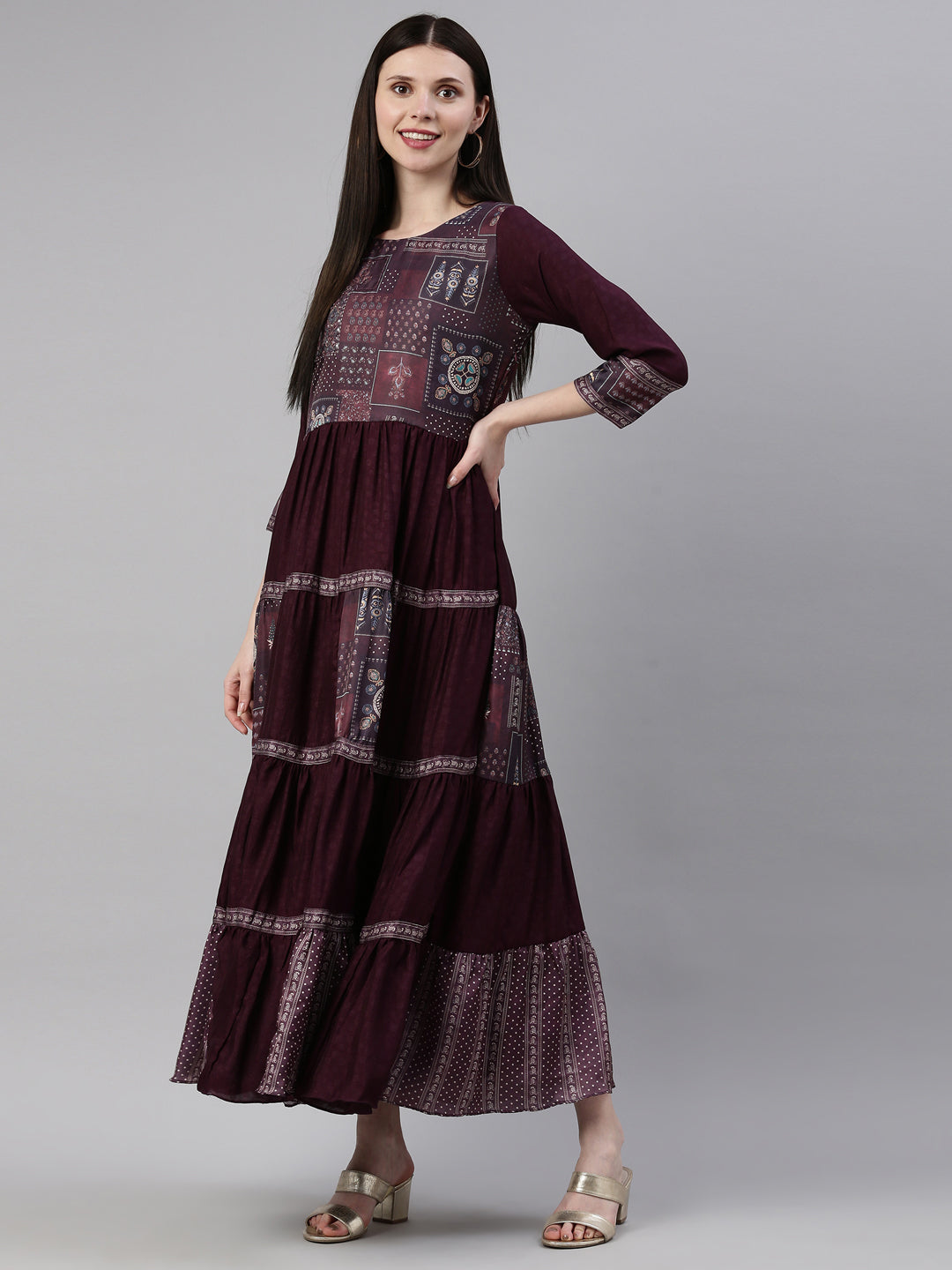 Neerus Purple silk gown maxi silhouette - detail view 3