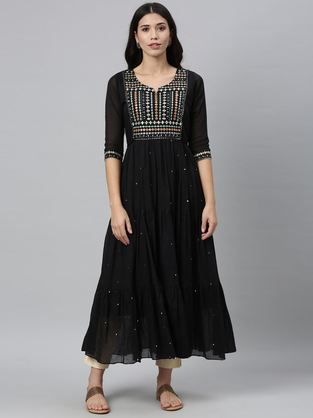 Neerus Black cotton mirror work tiered kurti - detail view 5