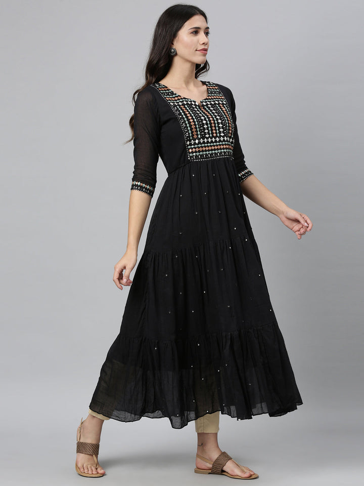 Neerus Black cotton mirror work tiered kurti - front view