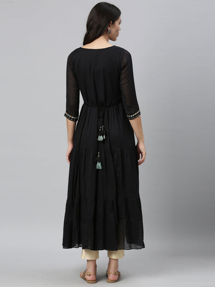 Neerus Black cotton mirror work tiered kurti - back view