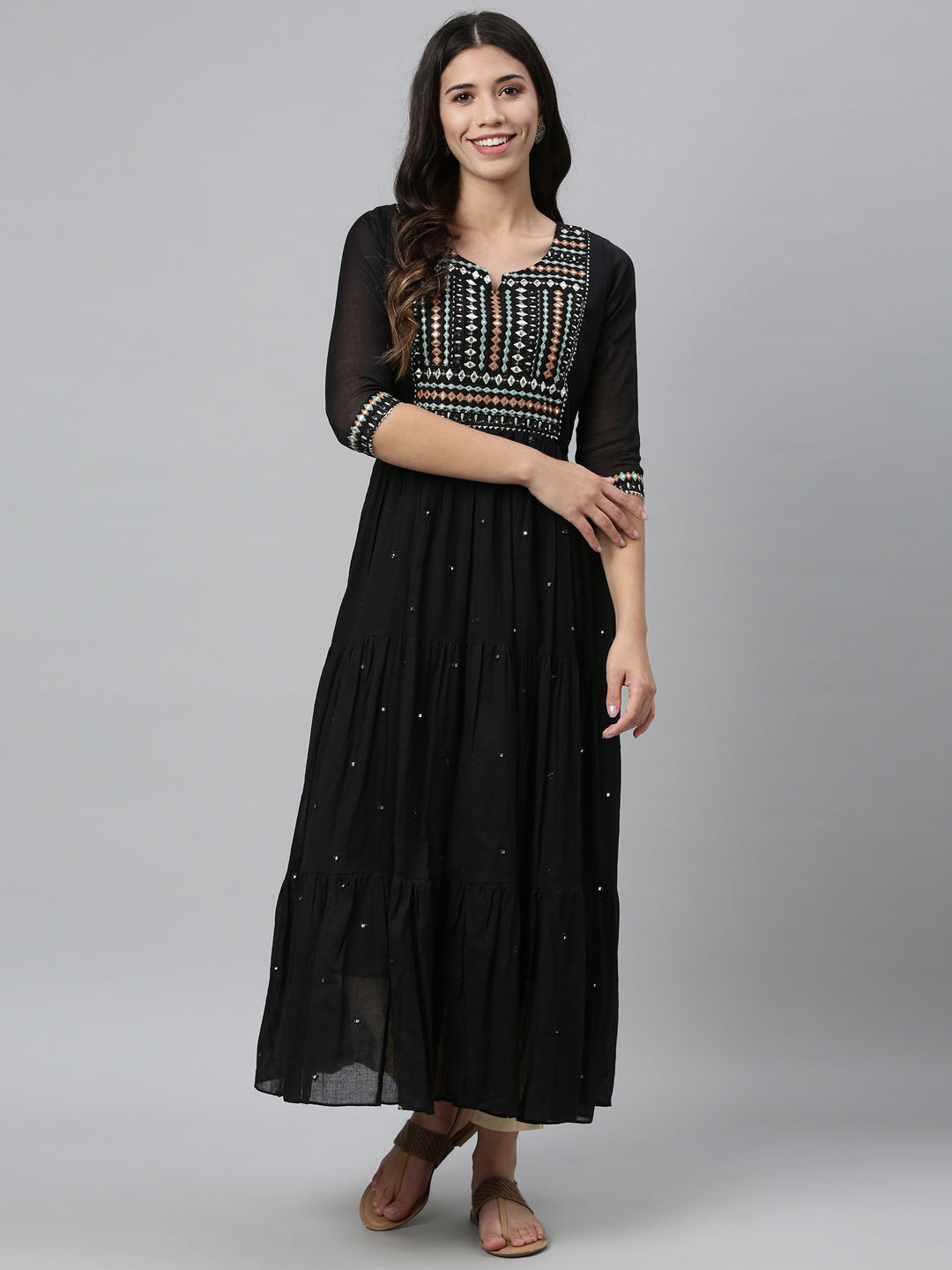 Neerus Black cotton mirror work tiered kurti - detail view 1