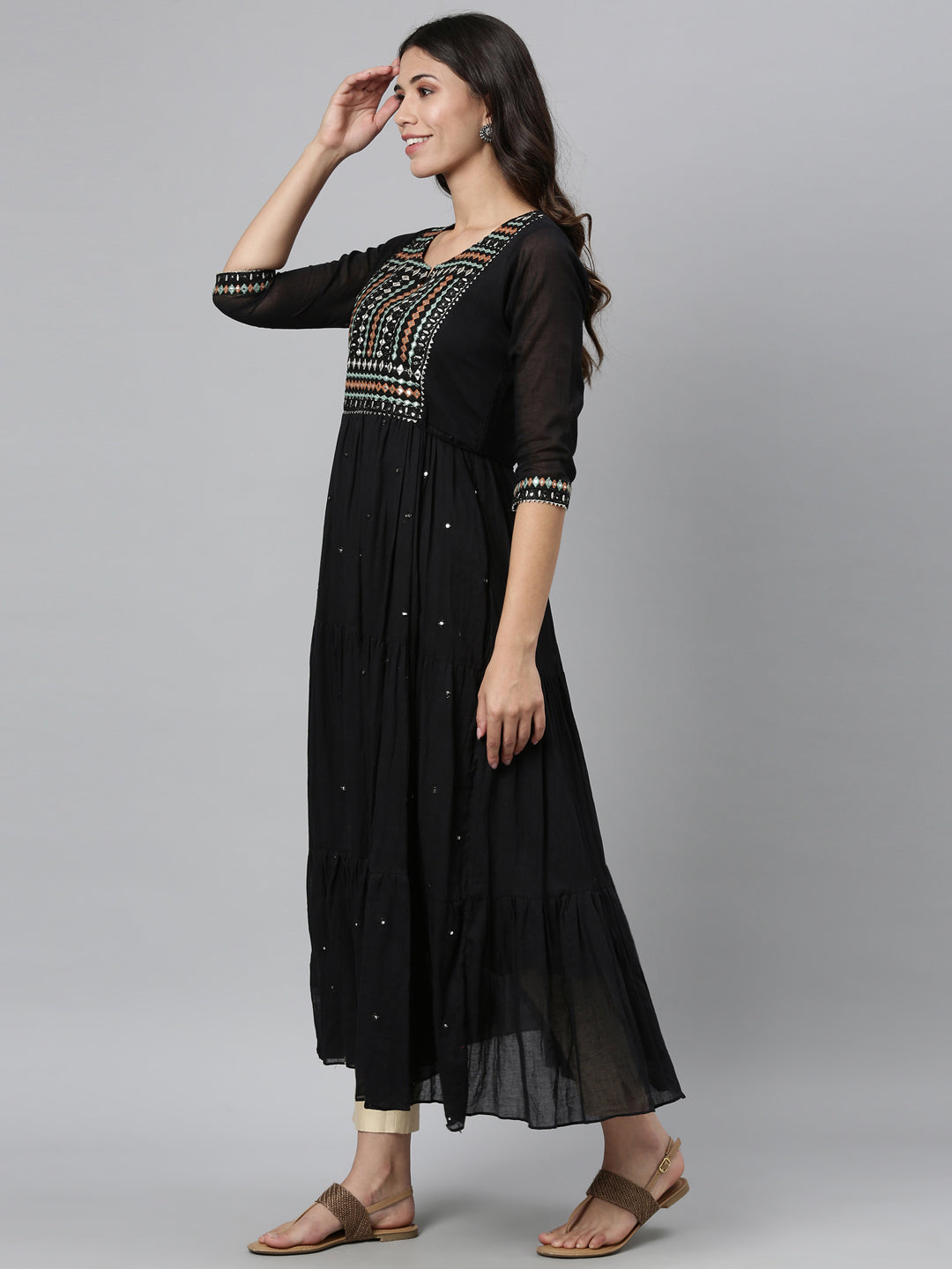 Neerus Black cotton mirror work tiered kurti - detail view 2