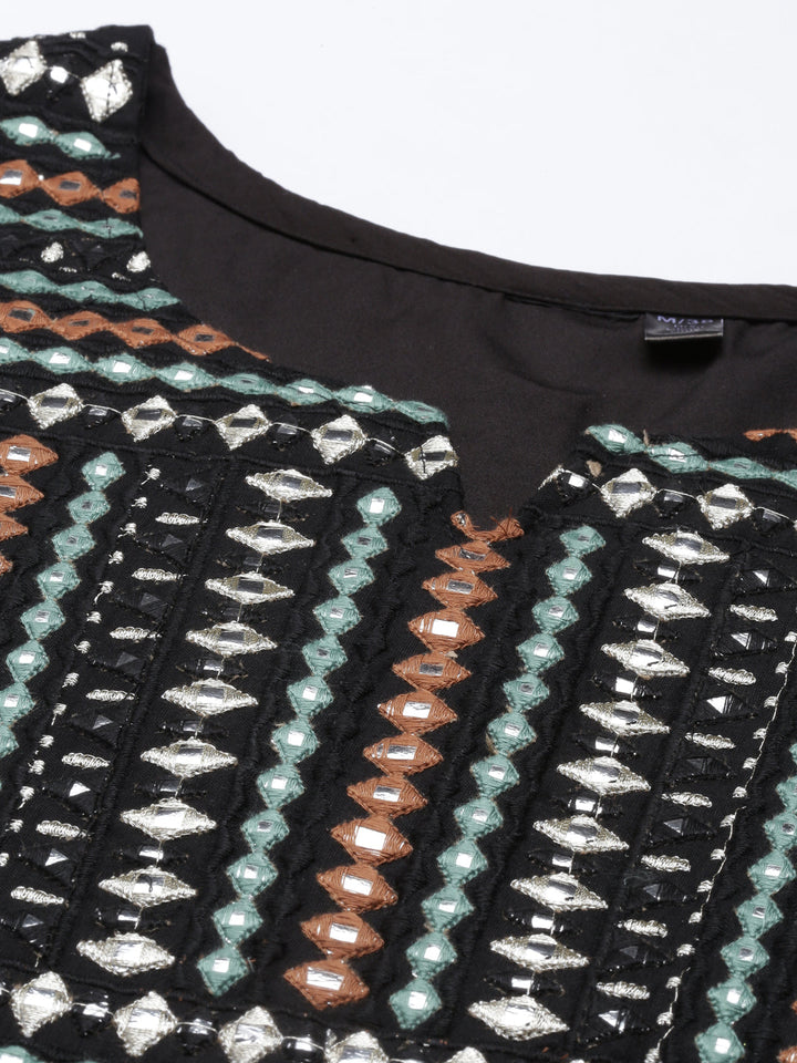 Neerus Black cotton mirror work tiered kurti - detail view 3