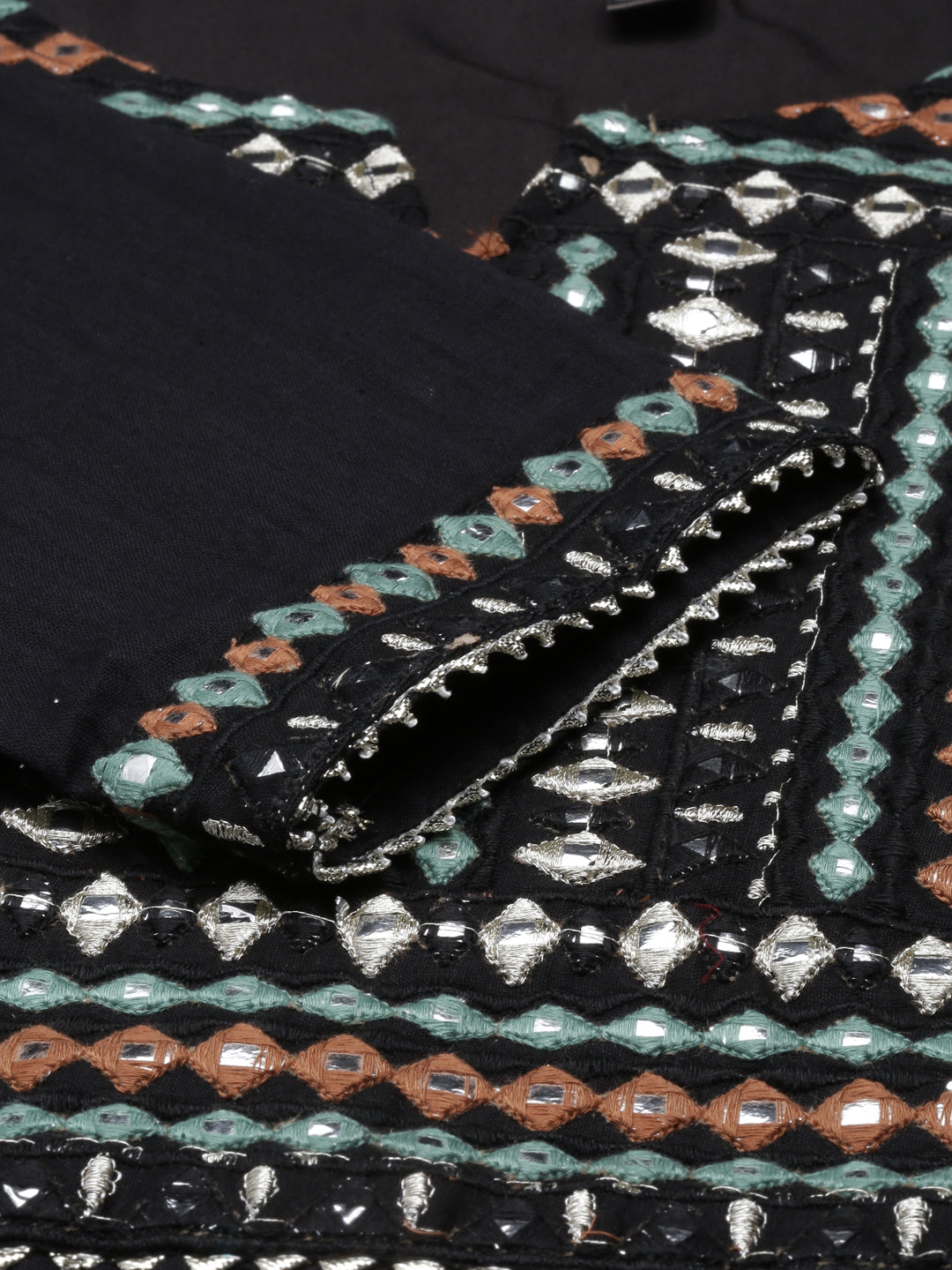 Neerus Black cotton mirror work tiered kurti - detail view 4
