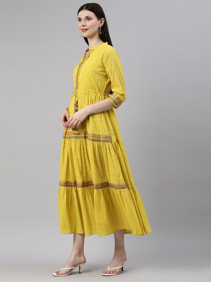 Neerus Yellow cotton maxi dress - side view