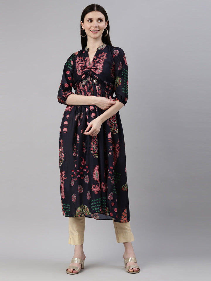 Neerus Blue modal printed kurti - front view