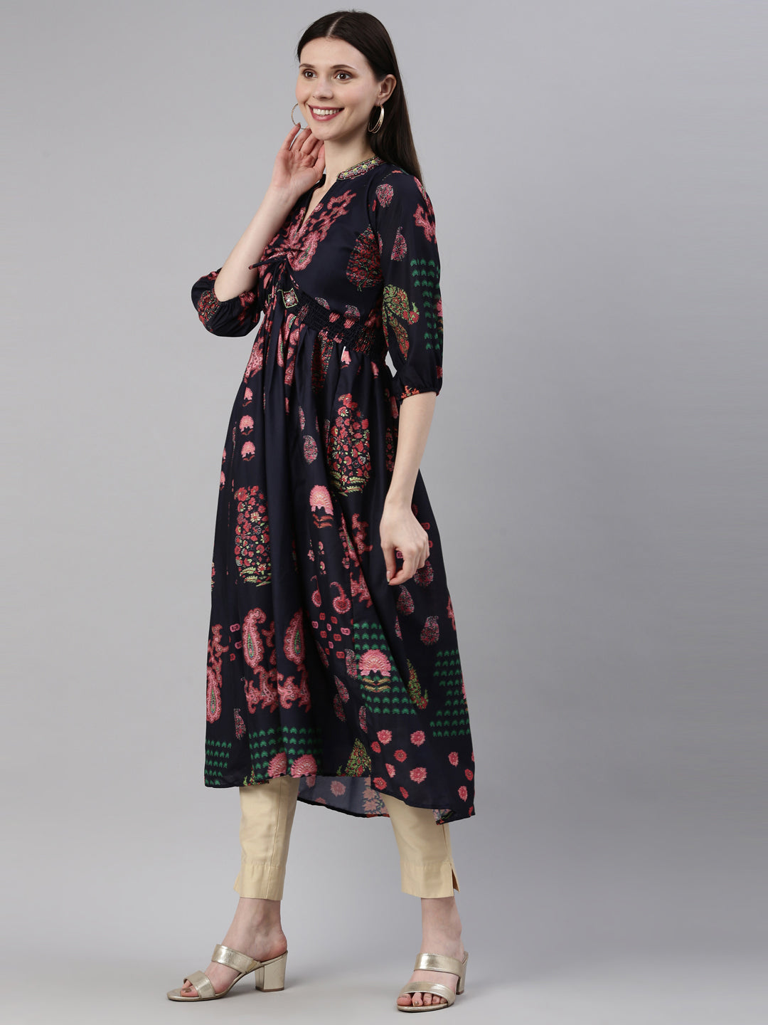 Neerus Blue modal printed kurti - side view