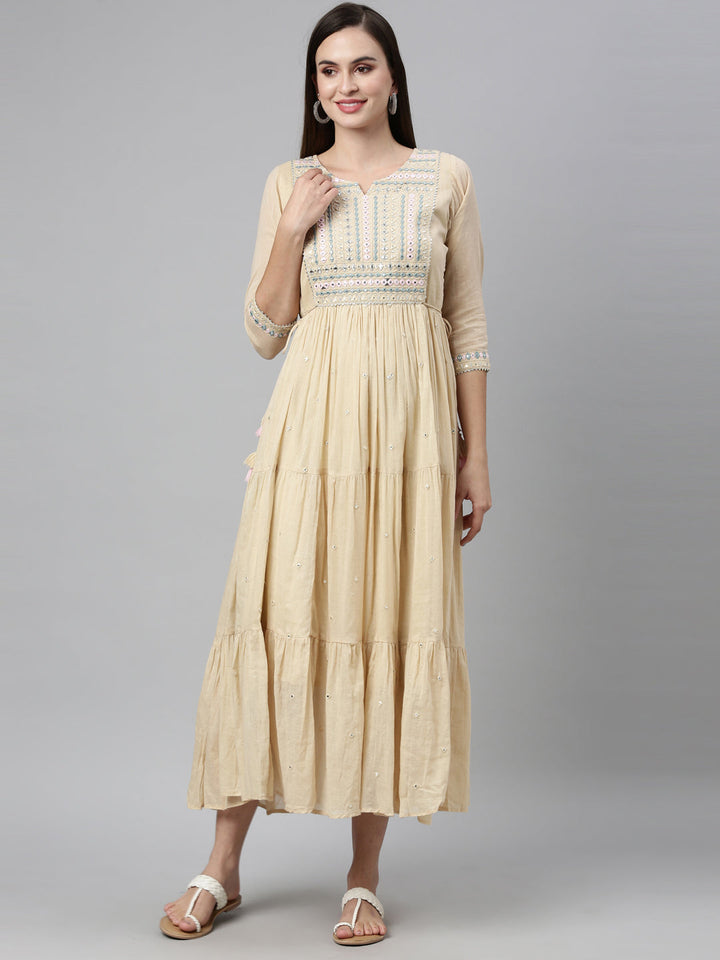 Neerus Beige cotton mirror work tiered kurti - detail view 5