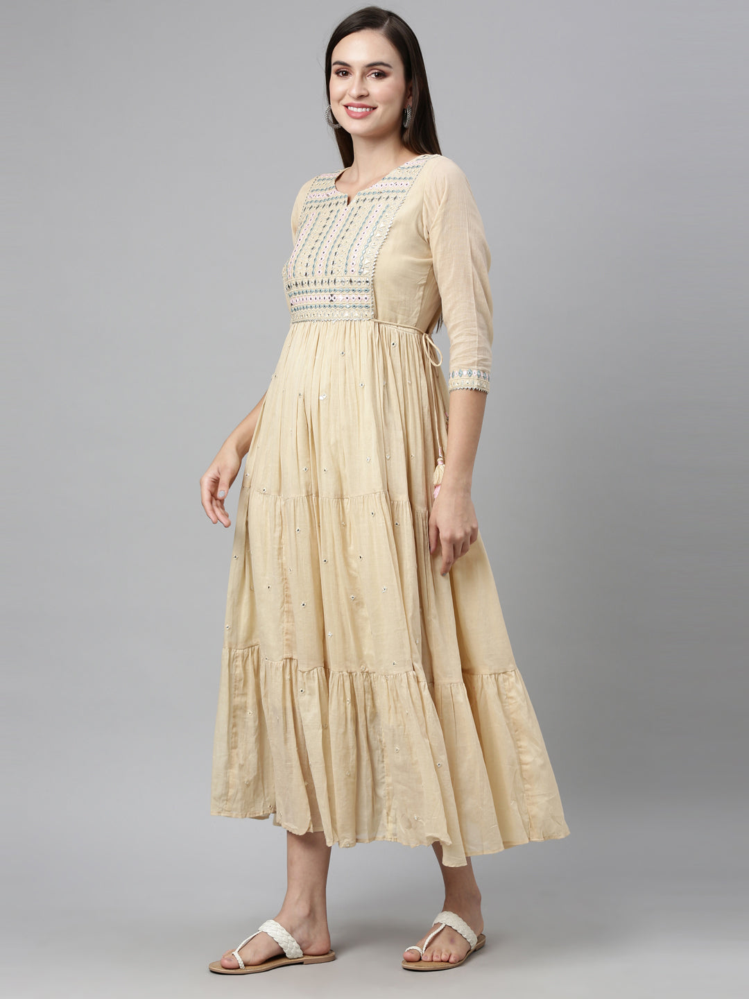 Neerus Beige cotton mirror work tiered kurti - detail view 2