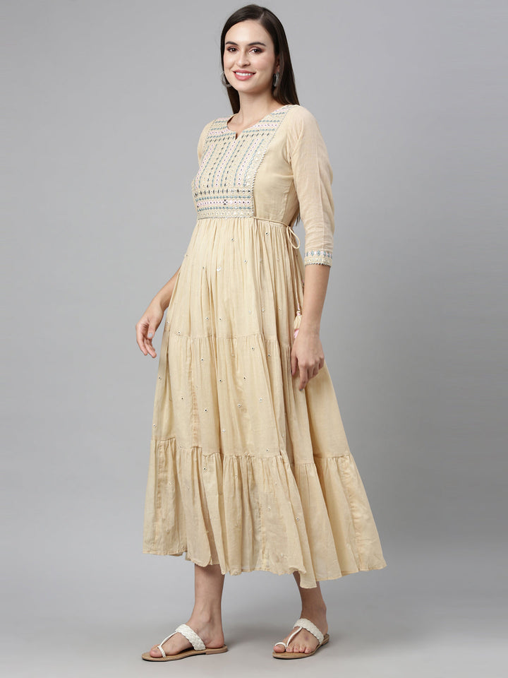 Neerus Beige cotton mirror work tiered kurti - detail view 2