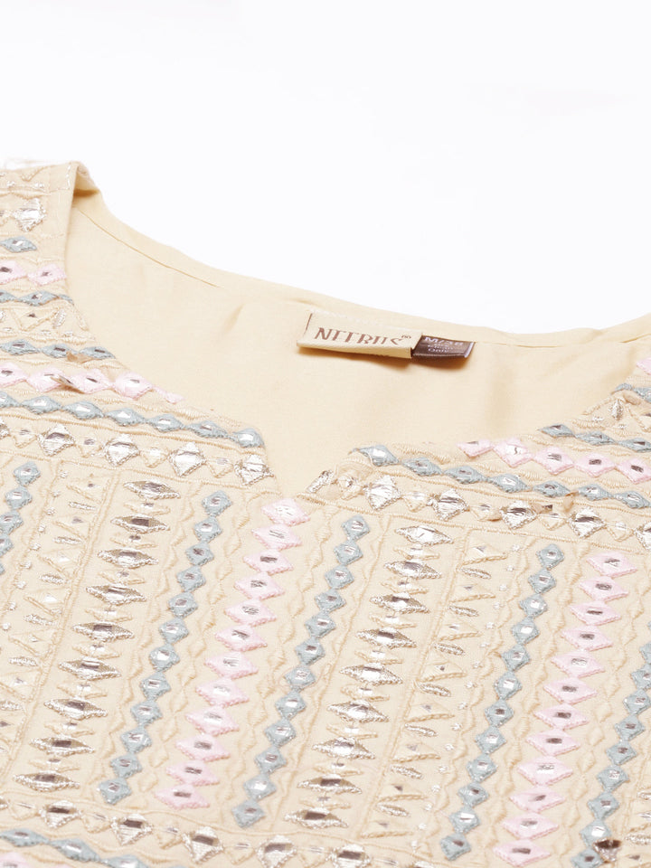 Neerus Beige cotton mirror work tiered kurti - detail view 3