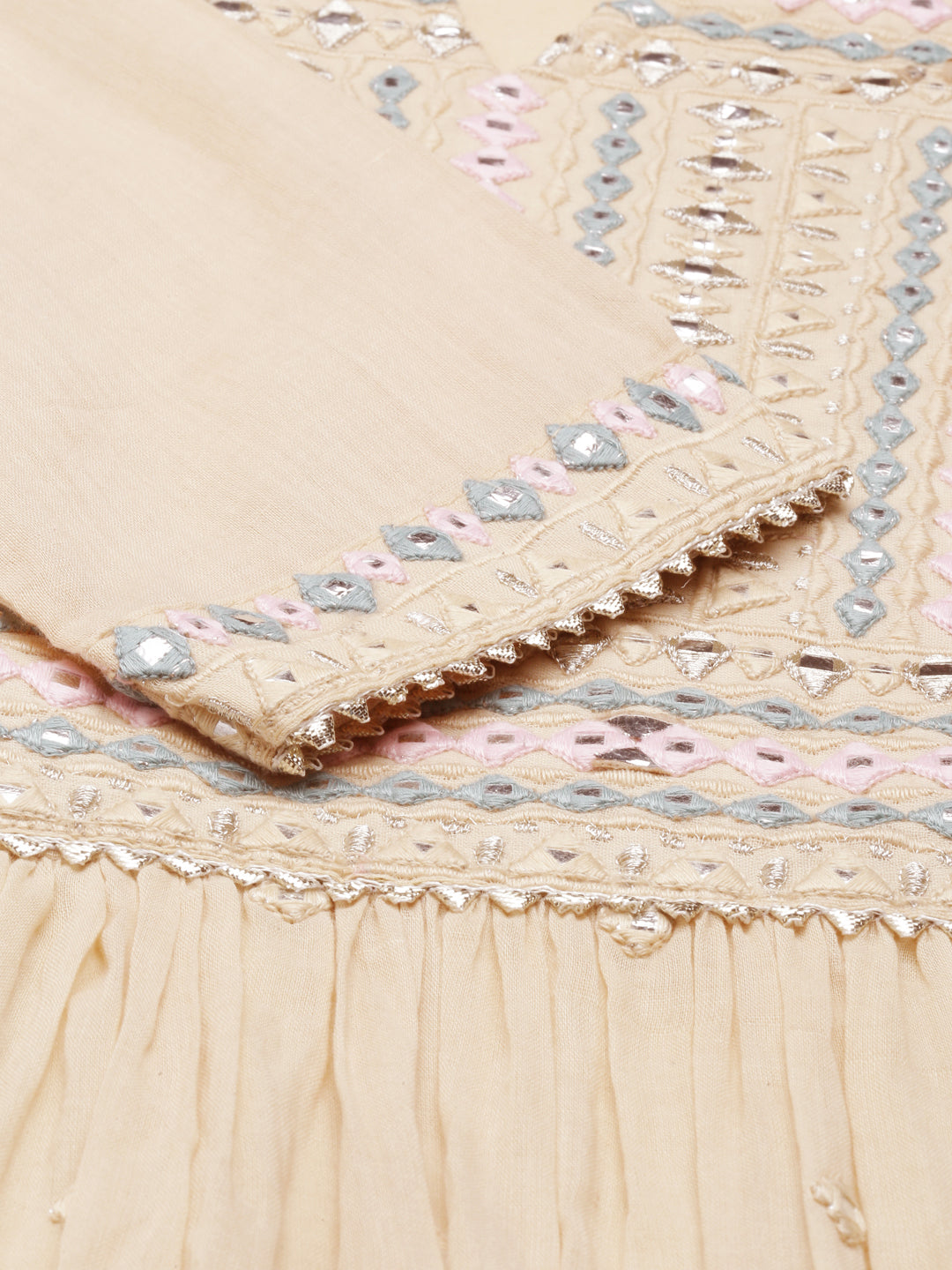 Neerus Beige cotton mirror work tiered kurti - detail view 4
